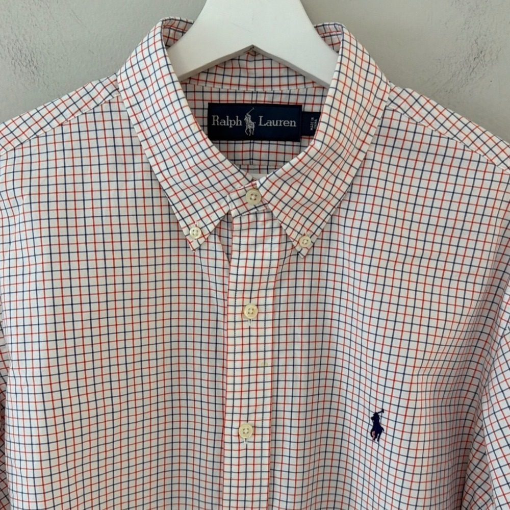 Ralph Lauren Mens Large Tattersall Check Button Down Shirt White Blue Orange L